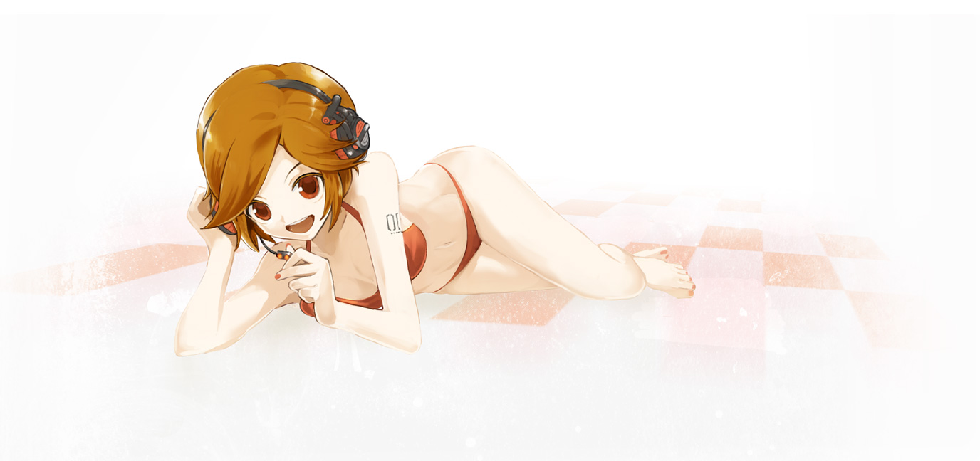 stecky, meiko (vocaloid), sakine meiko, vocaloid, bad id, bad pixiv id, 1girl, aged down, barefoot, bikini, brown eyes, brown hair, checkered floor, female focus, headphones, headset, lying, nail polish, on side, orange nails, perspective, short hair, smile, solo, swimsuit