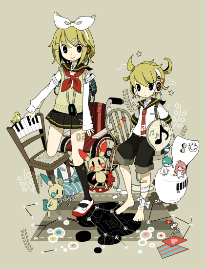 tona (sacchi), kagamine len, kagamine rin, kaito (vocaloid), megurine luka, minun, plusle, nintendo, pokemon, vocaloid, 1boy, 1girl, bird, blonde hair, candy, chair, flower, food, gen 3 pokemon, hair ornament, hair ribbon, hairclip, headphones, mini person, miniboy, minigirl, pokemon (creature), rabbit, ribbon, short hair, siblings, skirt, smile, twins, wheelchair