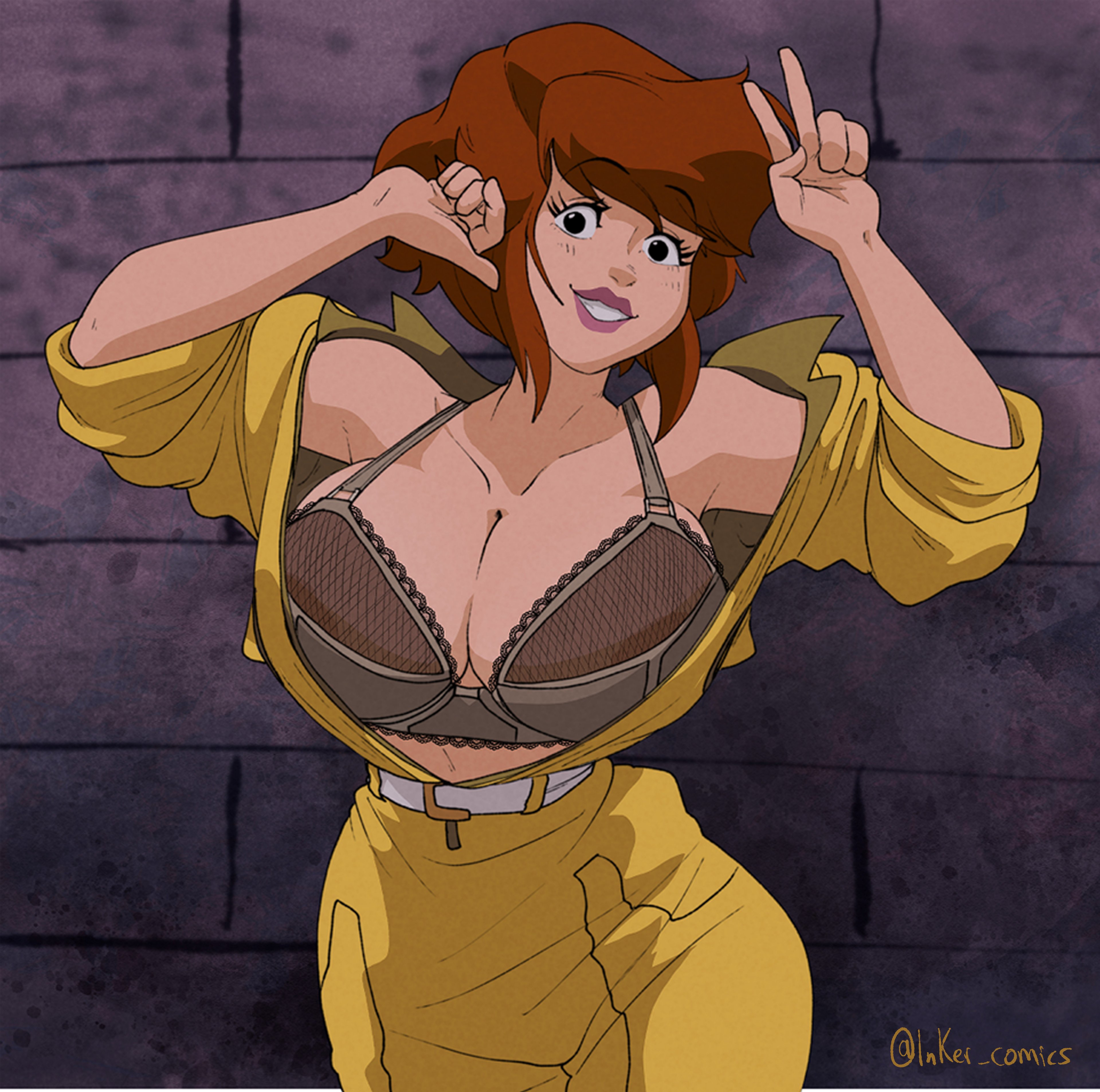 inker comics, april o'neil, teenage mutant ninja turtles, teenage mutant ninja turtles (1987), absurdres, highres, 1girl, belt, black eyes, bodysuit, bra, breasts, brown hair, huge breasts, looking at viewer, medium hair, open clothes, smile, solo, thick lips, thighs, twitter username, underwear, upper body, v, yellow bodysuit