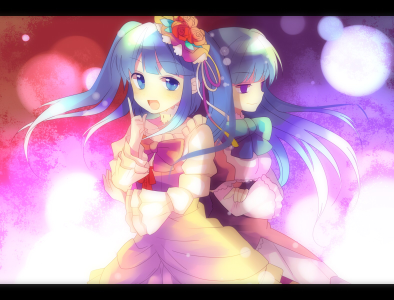 subaru (yachika), frederica bernkastel, furudo erika, umineko no naku koro ni, bad id, bad pixiv id, 00s, 2girls, blue eyes, blue hair, blunt bangs, bow, empty eyes, letterboxed, lolita fashion, multiple girls, pink bow, purple eyes, two side up