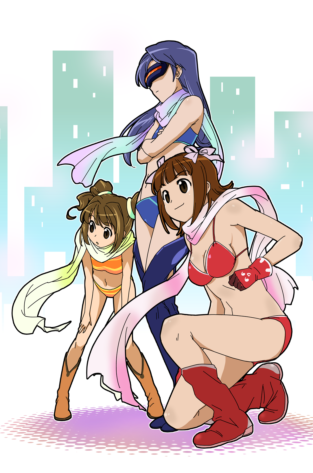oofuji wataru, amami haruka, kisaragi chihaya, mecha chihaya, takatsuki yayoi, idolmaster, idolmaster (classic), tokusatsu, highres, 00s, 3girls, bikini, blue hair, boots, breasts, brown eyes, brown hair, cleavage, crossed arms, flat chest, gloves, halftone, head-mounted display, long hair, medium breasts, multiple girls, on one knee, red bikini, scarf, short hair, sunglasses, swimsuit, twintails