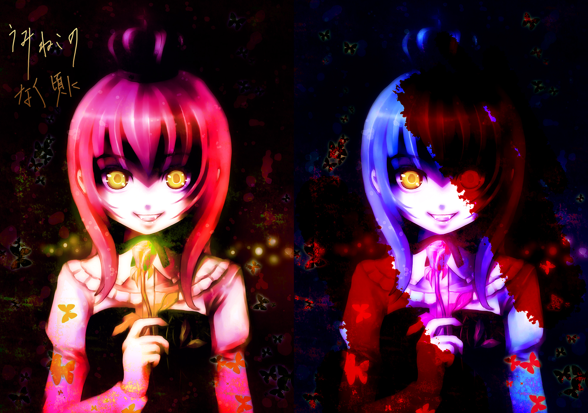 tachibana kou, tachibanakou, ushiromiya maria, umineko no naku koro ni, highres, 00s, 1girl, ascot, bare shoulders, blood, blunt bangs, crazy eyes, looking at viewer, pink hair, purple hair, short hair, upper body, yellow eyes