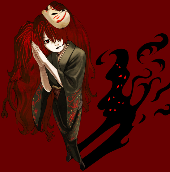 sakamoto kengo, hatsune miku, musunde hiraite rasetsu to mukuro (vocaloid), vocaloid, 1girl, darkness, female focus, fox mask, full body, hair over one eye, japanese clothes, kimono, long hair, mask, red eyes, red hair, solo, umbrella, yukata