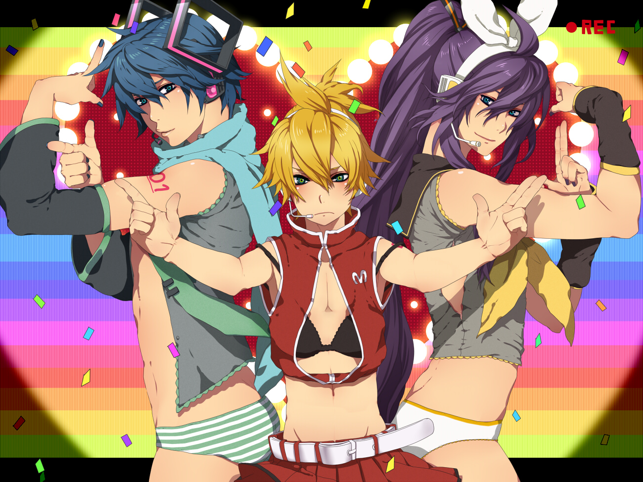nayu, hatsune miku, kagamine len, kagamine rin, kaito (vocaloid), kamui gakupo, meiko (vocaloid), vocaloid, bad id, bad pixiv id, 3boys, abs, aqua eyes, belt, blonde hair, blue eyes, blue hair, blue scarf, cosplay, costume switch, crossdressing, crossdressing (mtf), detached sleeves, double finger gun, dual wielding, finger gun, hair ribbon, hatsune miku (cosplay), headphones, headset, holding, kagamine rin (cosplay), long hair, male focus, meiko (cosplay), midriff, multiple boys, panties, ponytail, purple hair, ribbon, scarf, short hair, skirt, smile, striped clothes, striped panties, underwear