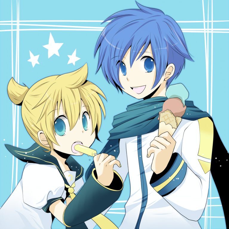 matsumaro, matsyumaro, kagamine len, kaito (vocaloid), vocaloid, bad id, bad pixiv id, 2boys, aqua eyes, blonde hair, blue eyes, blue hair, food, ice cream, male focus, multiple boys, necktie, popsicle, scarf, short hair, smile, yellow necktie