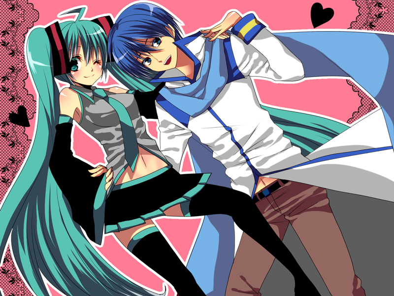 yui tooru, hatsune miku, kaito (vocaloid), vocaloid, bad id, bad pixiv id, 1boy, 1girl, ahoge, aqua eyes, aqua hair, blue eyes, blue hair, blue scarf, detached sleeves, long hair, necktie, scarf, short hair, skirt, smile, thighhighs, twintails, very long hair, zettai ryouiki