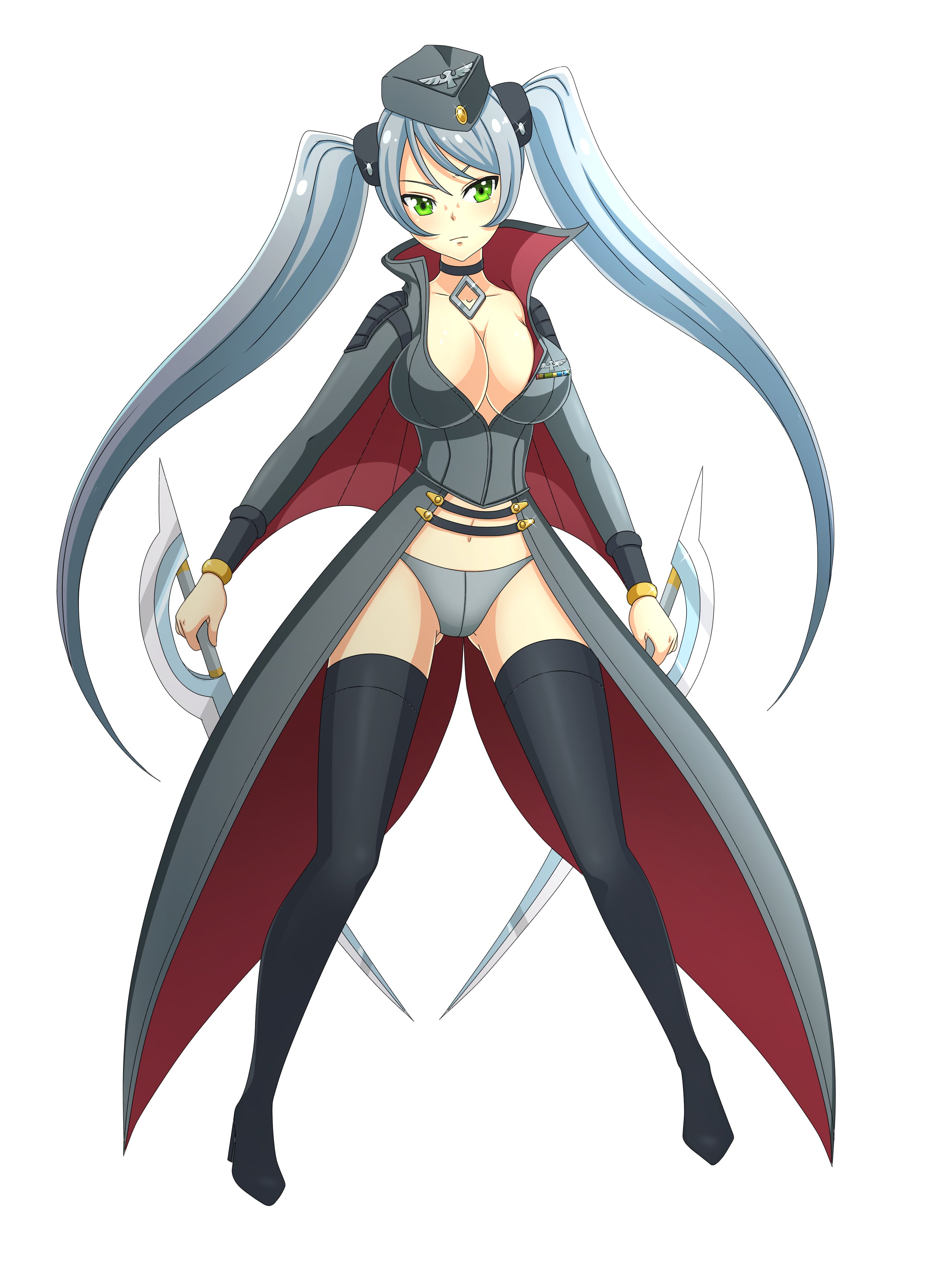 kurumi-lover, tsubame (senran kagura), senran kagura, senran kagura new wave, absurdres, artist request, check artist, commentary, english commentary, highres, 1990s (style), 1girl, blush, boots, breasts, choker, cleavage, collar, collarbone, diamond (shape), dixie cup hat, dual wielding, gluteal fold, green eyes, grey hair, grey hat, grey panties, hat, high collar, holding, holding sword, holding weapon, large breasts, long hair, long sleeves, looking at viewer, military hat, navel, panties, partially unzipped, pendant choker, pin, red collar, retro artstyle, revealing clothes, simple background, solo, swept bangs, sword, thigh boots, thighhighs, twintails, two-tone shirt, underwear, weapon, white background