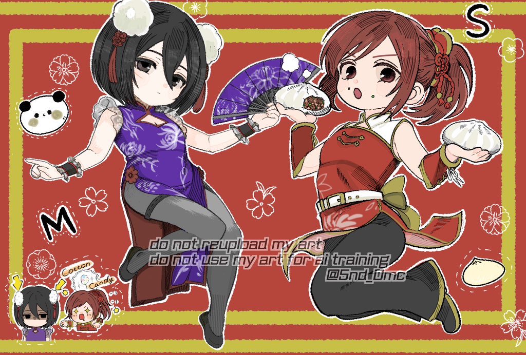 5nd 0mc, mikasa ackerman, sasha blouse, shingeki no kyojin, commentary, symbol-only commentary, 2girls, alternate costume, bare shoulders, belt, black hair, black pants, black shoes, breasts, brown eyes, brown hair, chibi, chibi inset, china dress, chinese clothes, cleavage, cleavage cutout, closed mouth, clothing cutout, dot mouth, dress, facial scar, flower knot, folding fan, food, food on face, full body, gold trim, grey eyes, grey pantyhose, hair between eyes, hair ornament, hand fan, holding, holding fan, initial, long hair, medium breasts, multiple girls, pants, pantyhose, pelvic curtain, pom pom (clothes), pom pom hair ornament, ponytail, purple dress, red background, red dress, scar, scar on cheek, scar on face, shaded face, shoes, short hair, sleeveless, sleeveless dress, sparkling eyes, steamed bun, swept bangs, tassel, tassel hair ornament, twintails, white belt