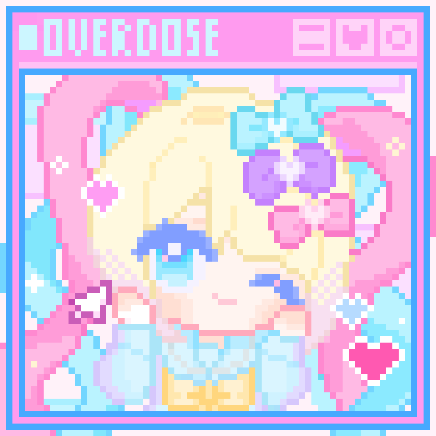 chouzetsusaikawa tenshi-chan, needy girl overdose, chinese commentary, commentary request, highres, 1girl, anmian ruomeng, blonde hair, blue bow, blue eyes, blue hair, blue sailor collar, blue shirt, blunt bangs, border, bow, bowtie, chibi, cursor, english text, hair bow, hair intakes, hair ornament, hands on own cheeks, hands on own face, happy, heart, heart hair ornament, long hair, long sleeves, multicolored hair, multiple hair bows, pink background, pink border, pink bow, pink hair, pixel art, puffy long sleeves, puffy sleeves, purple bow, sailor collar, school uniform, serafuku, shirt, solo, twintails, upper body, wavy hair, yellow bow, yellow bowtie