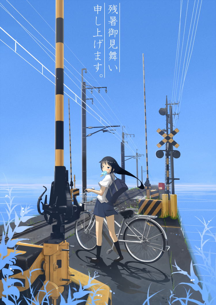 nabana, original, md5 mismatch, resolution mismatch, source smaller, 1girl, bag, basket, bicycle, black eyes, black hair, black shoes, black socks, blouse, blue skirt, blush, day, female focus, floating hair, food, from behind, long hair, looking at viewer, looking back, mouth hold, outdoors, overhead line, pavement, popsicle, power lines, pushing bicycle, railroad crossing, railroad tracks, school bag, school uniform, shadow, shirt, shoes, skirt, socks, solo, sunlight, walking, white shirt, wide shot, zanshomimai