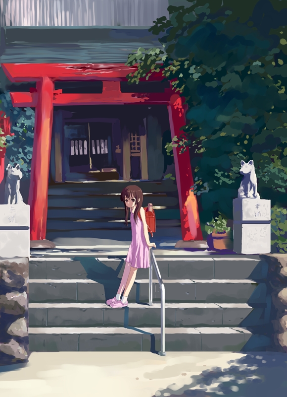 natori (natorism), inari, original, 1girl, against railing, arm support, backpack, bag, brown hair, female focus, fox statue, railing, randoseru, scenery, shrine, solo, stairs, statue, torii