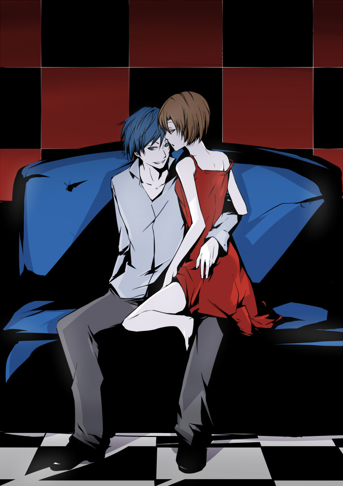 ichi ka, kaito (vocaloid), meiko (vocaloid), vocaloid, ass grab, 1boy, 1girl, ass, blue eyes, blue hair, blue upholstery, brown eyes, brown hair, checkered floor, couch, couple, dress, floor, hetero, red dress, short dress, short hair, sitting, smile