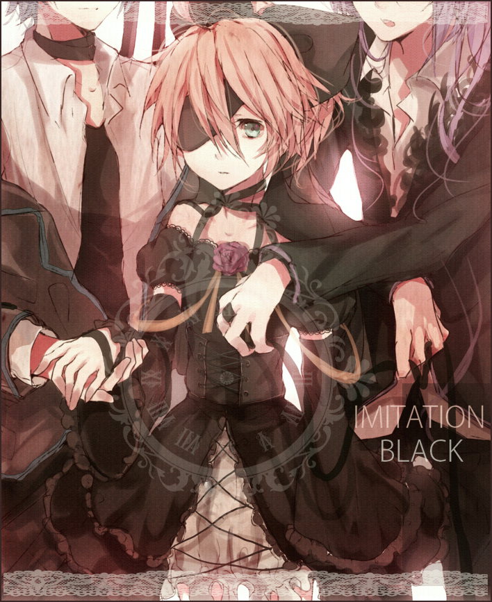 tetsuo (tashirosu), kagamine len, kaito (vocaloid), kamui gakupo, imitation black (vocaloid), vocaloid, bad id, bad pixiv id, 3boys, aqua eyes, blonde hair, blue hair, crossdressing, crossdressing (mtf), detached sleeves, eyepatch, flower, hair ribbon, long hair, male focus, multiple boys, purple hair, ribbon, rose, short hair, trap