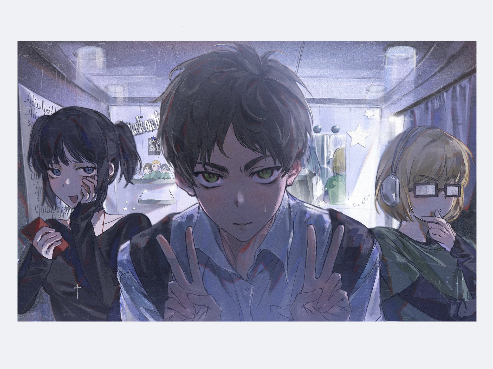 laicuihu666, armin arlert, eren yeager, erwin smith, hange zoe, levi (shingeki no kyojin), mikasa ackerman, shingeki no kyojin, hashtag-only commentary, highres, 1girl, 2boys, alternate universe, black choker, black hair, black shirt, blonde hair, border, breasts, brown hair, choker, collared shirt, cross, cross necklace, double v, glasses, green shirt, hand on own cheek, hand on own face, hand to own mouth, headphones, holding, holding phone, jewelry, looking at viewer, medium breasts, multiple boys, necklace, official alternate costume, open mouth, parted bangs, phone, school, shirt, shirt under shirt, short hair, short twintails, smile, sweatdrop, twintails, upper body, v, white border, white shirt