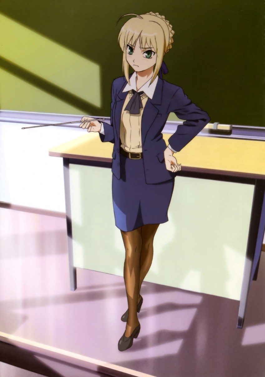 artoria pendragon (fate), saber (fate), fate/stay night, fate (series), duplicate, highres, 00s, 1girl, ahoge, blonde hair, blush, braid, business suit, chalkboard, classroom, desk, female focus, formal clothes, green eyes, miniskirt, pantyhose, pencil skirt, pointer, school, skirt, solo, suit, teacher