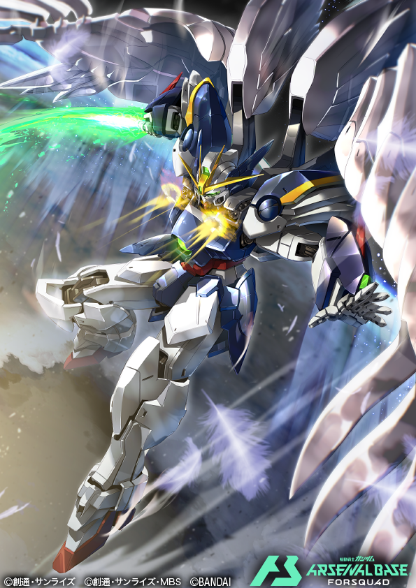 sakusakusakurai, wing gundam zero custom, gundam, gundam arsenal base, gundam wing: endless waltz, commentary request, official art, copyright logo, copyright name, copyright notice, energy sword, falling feathers, feathers, firing, green eyes, holding, holding sword, holding weapon, logo, mecha, mecha focus, mechanical wings, no humans, robot, science fiction, shoulder cannon, solo, sword, v-fin, weapon, white feathers, white wings, wings