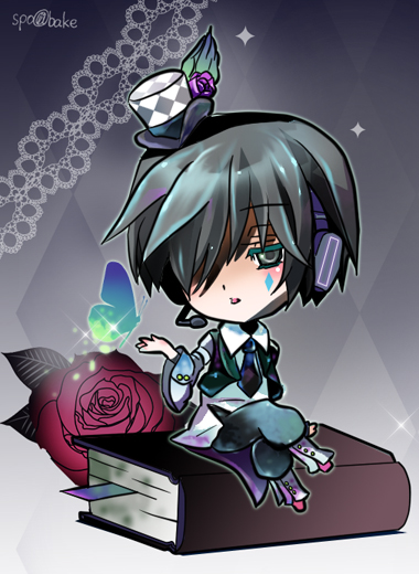 nachu (supobake), supobake, kaito (vocaloid), hitobashira alice (vocaloid), vocaloid, 1boy, blue hair, book, bug, butterfly, chibi, flower, hat, headphones, headset, male focus, mini hat, mini top hat, necktie, rose, short hair, solo, top hat