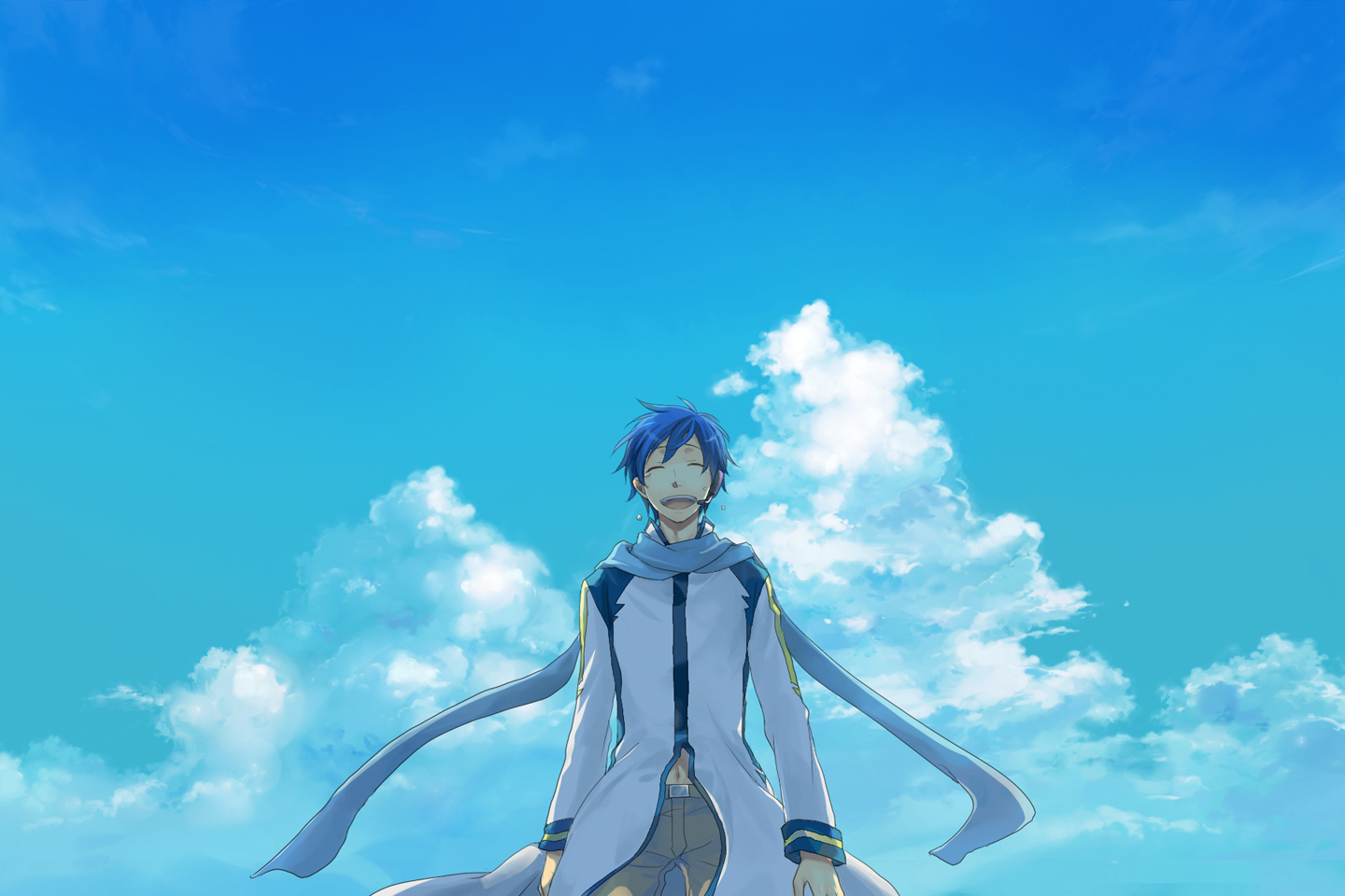 c (artist), c (zxm), kaito (vocaloid), vocaloid, clothes, 1boy, :d, blue hair, blue scarf, blue theme, closed eyes, cloud, crying, day, happy, headphones, male focus, microphone, navel, open mouth, outdoors, scarf, short hair, sky, smile, solo, tears