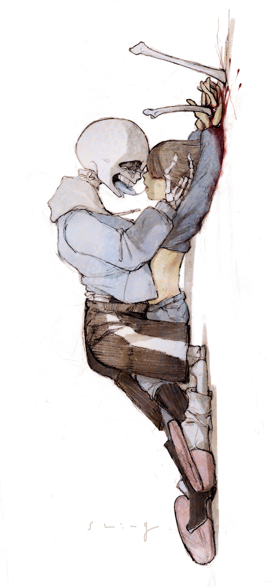 frisk (undertale), sans (undertale), undertale, utdr (toby fox), commentary request, highres, 2others, anminshing, arms up, black shorts, bleeding, blood, blood from forehead, blood in hair, blood on clothes, blood on ground, blood on hands, blue coat, bone, brown hair, clothes lift, coat, covered eyes, empty eyes, facing another, french kiss, hair over one eye, hand on another's cheek, hand on another's face, hood, hooded coat, impaled, injury, kiss, kneeling, looking at another, lying, lying on person, midriff peek, multiple others, on back, on ground, open mouth, outstretched arms, pink slippers, pinned, pool of blood, saliva, saliva trail, shirt lift, shorts, skeleton, slippers, socks, tongue, tongue out, white background, white hood, white socks, yukadon