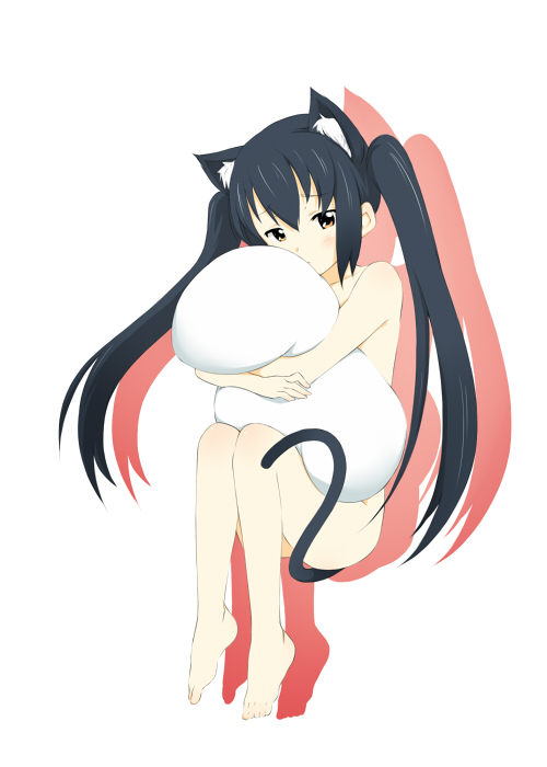 hamao, nakano azusa, k-on!, 00s, 1girl, animal ears, barefoot, cat ears, cat tail, feet, female focus, full body, hugging object, nude, pillow, pillow hug, simple background, solo, tail, twintails