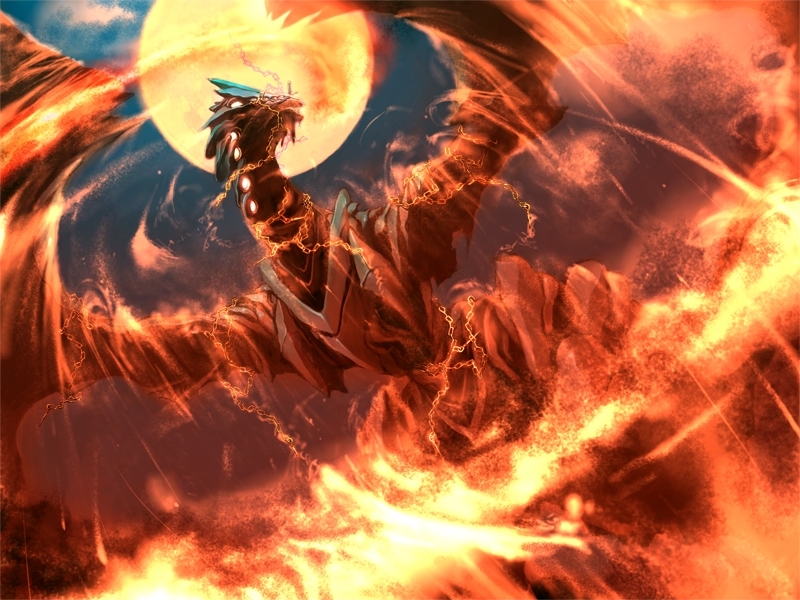 kagutsuchi, my-hime, game cg, 00s, chain, fire, full moon, moon, sky, solo