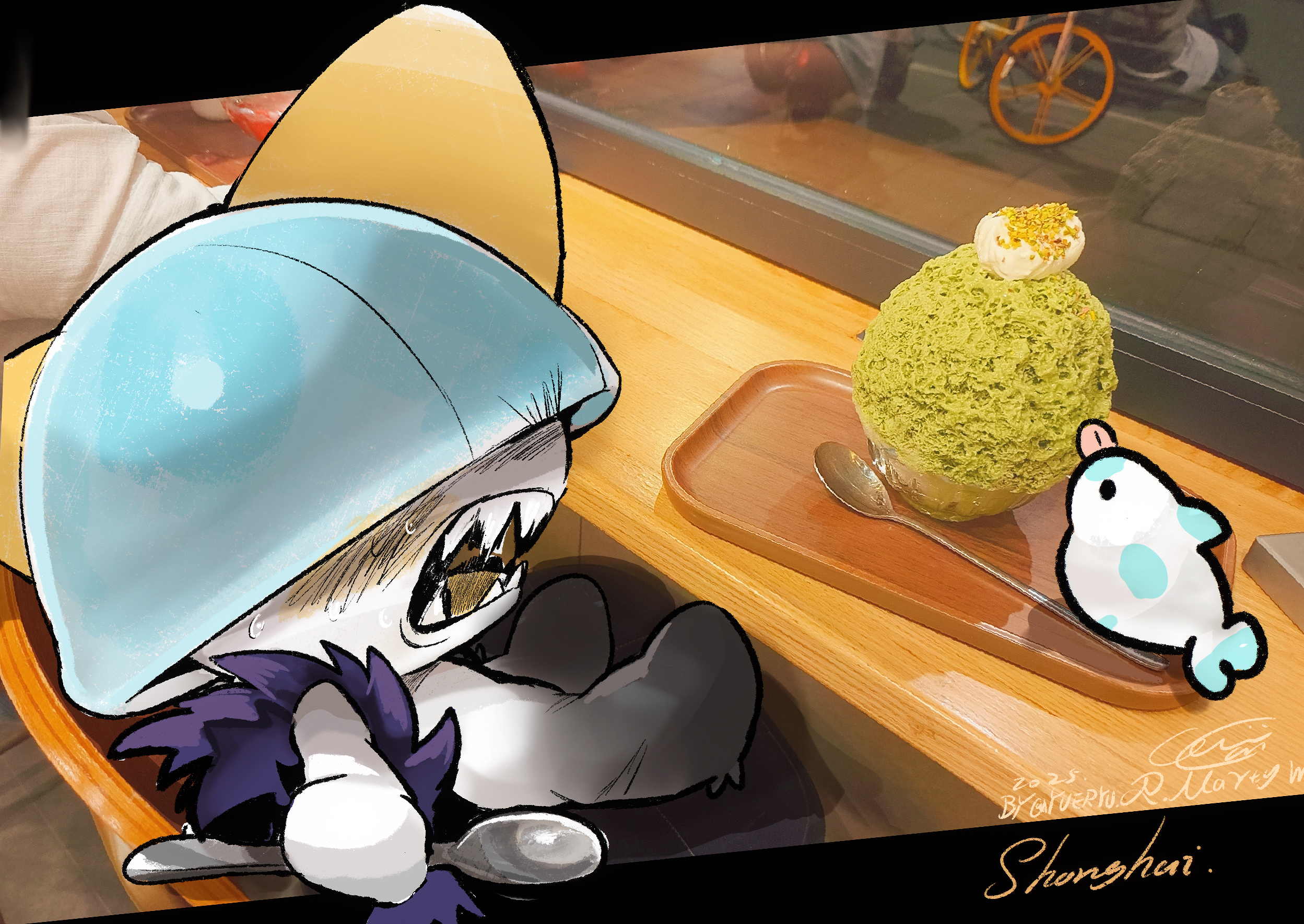 yueryu (taroyuer2), ralts, nintendo, pokemon, 1other, alternate color, angry, artist name, bird, black eyes, blank eyes, blue hair, blunt bangs, blush, bowl cut, chair, colored skin, covered eyes, dated, dessert, food, from side, gen 3 pokemon, hair over eyes, holding, holding spoon, ice cream, indoors, letterboxed, licking, on chair, open mouth, outside border, photo background, pokemon (creature), profile, saliva, sharp teeth, shiny pokemon, short hair, signature, sitting, solid circle eyes, solo focus, spoon, table, teeth, tongue, tongue out, tray, twitter username, white skin, window