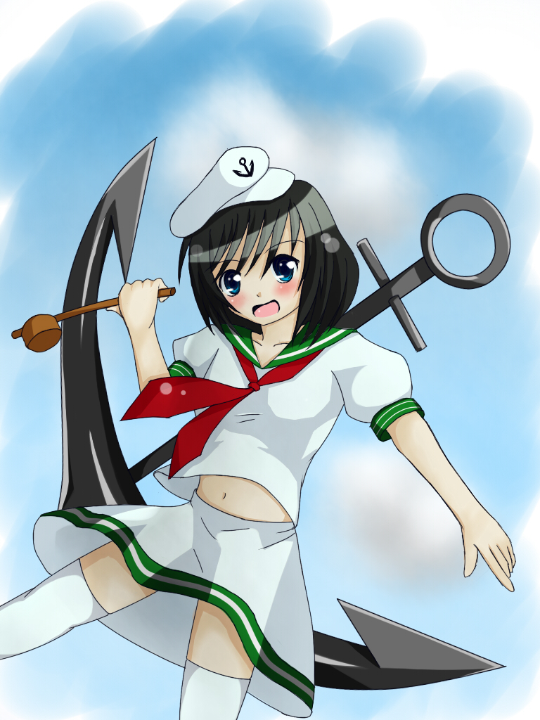 murasa minamitsu, touhou, undefined fantastic object, 1girl, anchor, cloud, female focus, hat, ladle, navel, outdoors, sky, solo