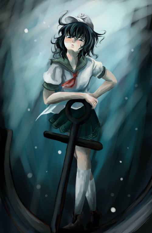 yomogi uta, murasa minamitsu, touhou, undefined fantastic object, 1girl, anchor, arm rest, ascot, black hair, blue eyes, boots, female focus, ghost, hand on own hip, hat, kneehighs, looking at viewer, sailor, sailor collar, sailor hat, skirt, socks, solo, underwater