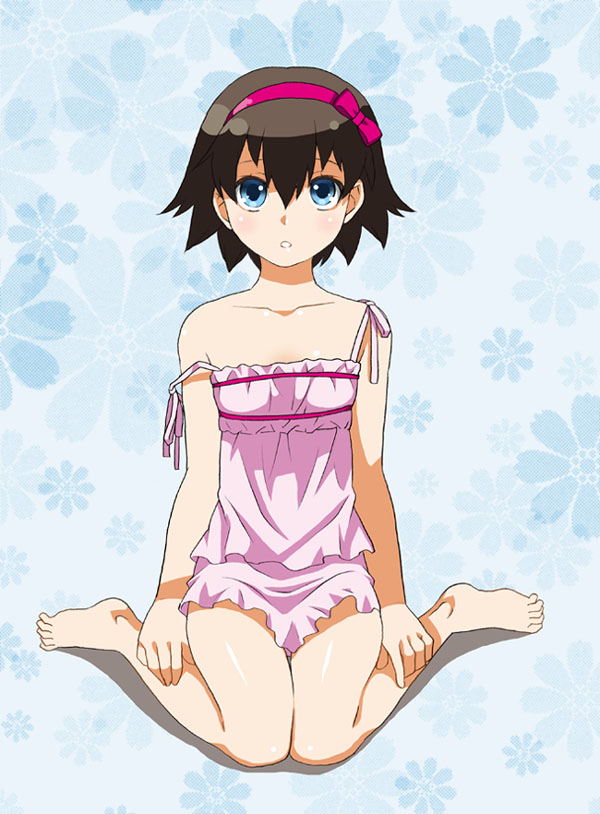 mattaku mousuke, original, 1girl, barefoot, black hair, blue eyes, bow, camisole, feet, female focus, floral background, hairband, legs, short hair, sitting, solo, strap slip, toes, wariza