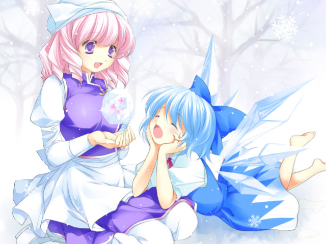 ayase hazuki, cirno, letty whiterock, touhou, 2girls, alternate hairstyle, apron, arm support, bare shoulders, barefoot, bow, dress, drill hair, floating, floating object, flower, frozen, hair bow, happy, hat, head rest, lying, multiple girls, on stomach, open mouth, pink hair, short hair, sitting, snowflakes, waist apron, wings, winter