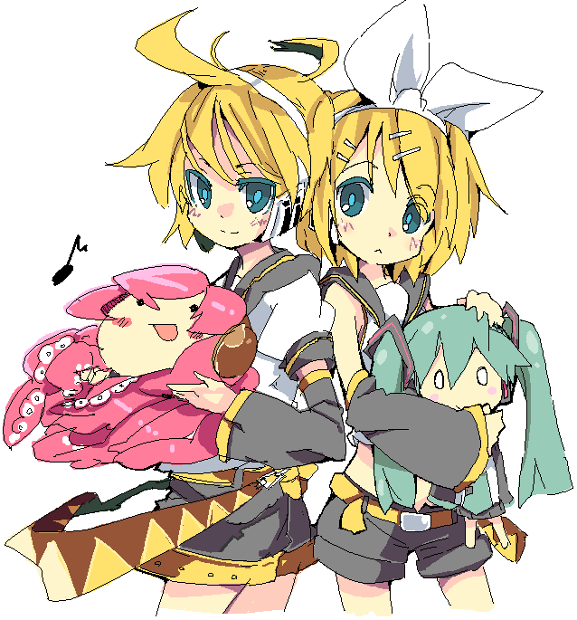 ixy, hachune miku, hatsune miku, kagamine len, kagamine rin, megurine luka, takoluka, vocaloid, 1boy, 3girls, ahoge, belt, blonde hair, blue eyes, blush, detached sleeves, flat chest, green hair, hair ornament, hairband, hairclip, headset, holding, long hair, multiple girls, necktie, short hair, short shorts, shorts, skirt, twintails, white background