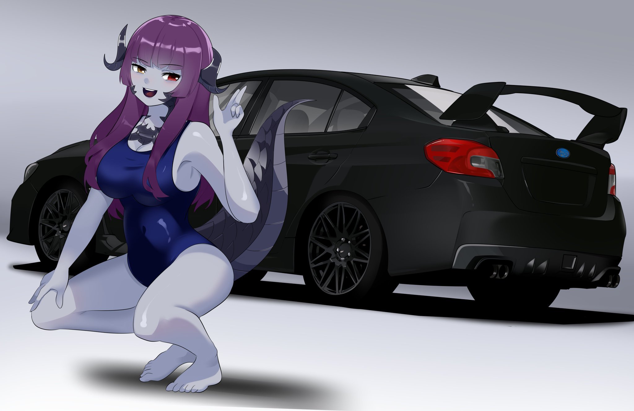 holeecrab, indie virtual youtuber, commentary, english commentary, highres, 1girl, breasts, car, heterochromia, large breasts, motor vehicle, one-piece swimsuit, ruri moth (vtuber), subaru wrx, swimsuit, tail, thick tail, virtual youtuber