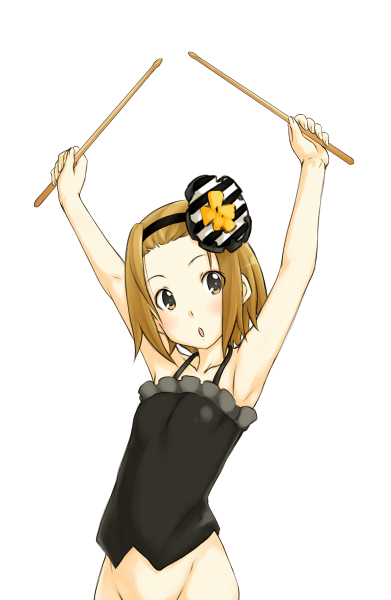 hamao, tainaka ritsu, don't say "lazy", k-on!, 00s, 1girl, :o, armpits, arms up, bottomless, brown eyes, brown hair, camisole, drumsticks, female focus, flat chest, groin, hairband, short hair, simple background, solo