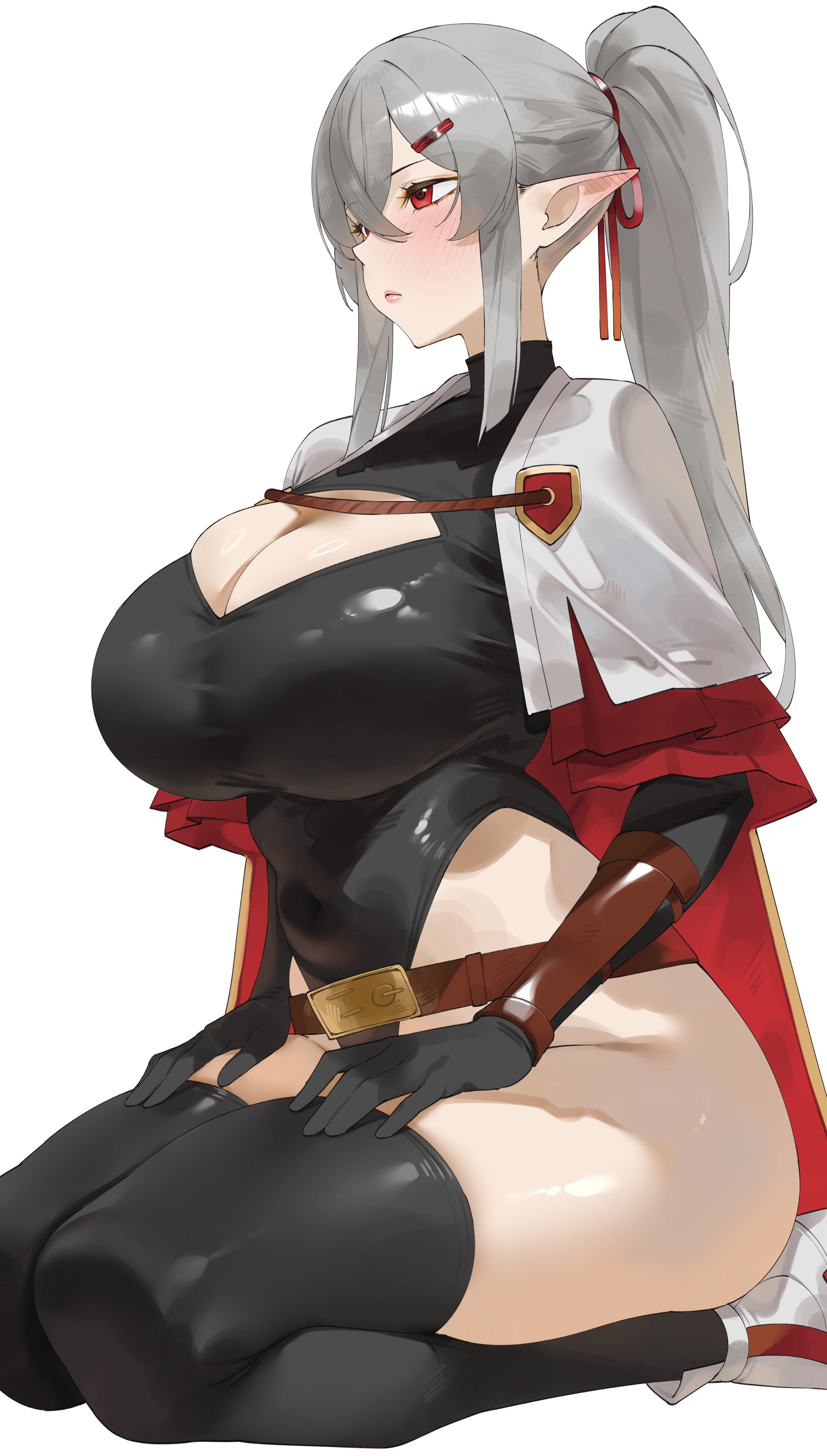 byeon dha, absurdres, character request, copyright request, highres, 1girl, belt, black leotard, blush, breasts, brown belt, cape, capelet, cleavage, cleavage cutout, clothing cutout, grey hair, hair ornament, hairclip, large breasts, leotard, long hair, pointy ears, ponytail, red cape, red eyes, short hair, simple background, sitting, solo, wariza, white background, white capelet