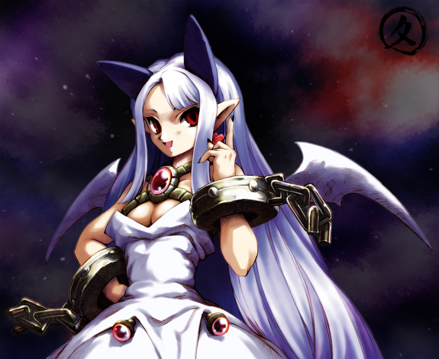 hisahiko, pram (phantom kingdom), disgaea, nippon ichi, phantom kingdom, 1girl, blue hair, breasts, cleavage, demon wings, female focus, large breasts, long hair, pointy ears, red eyes, solo, wings