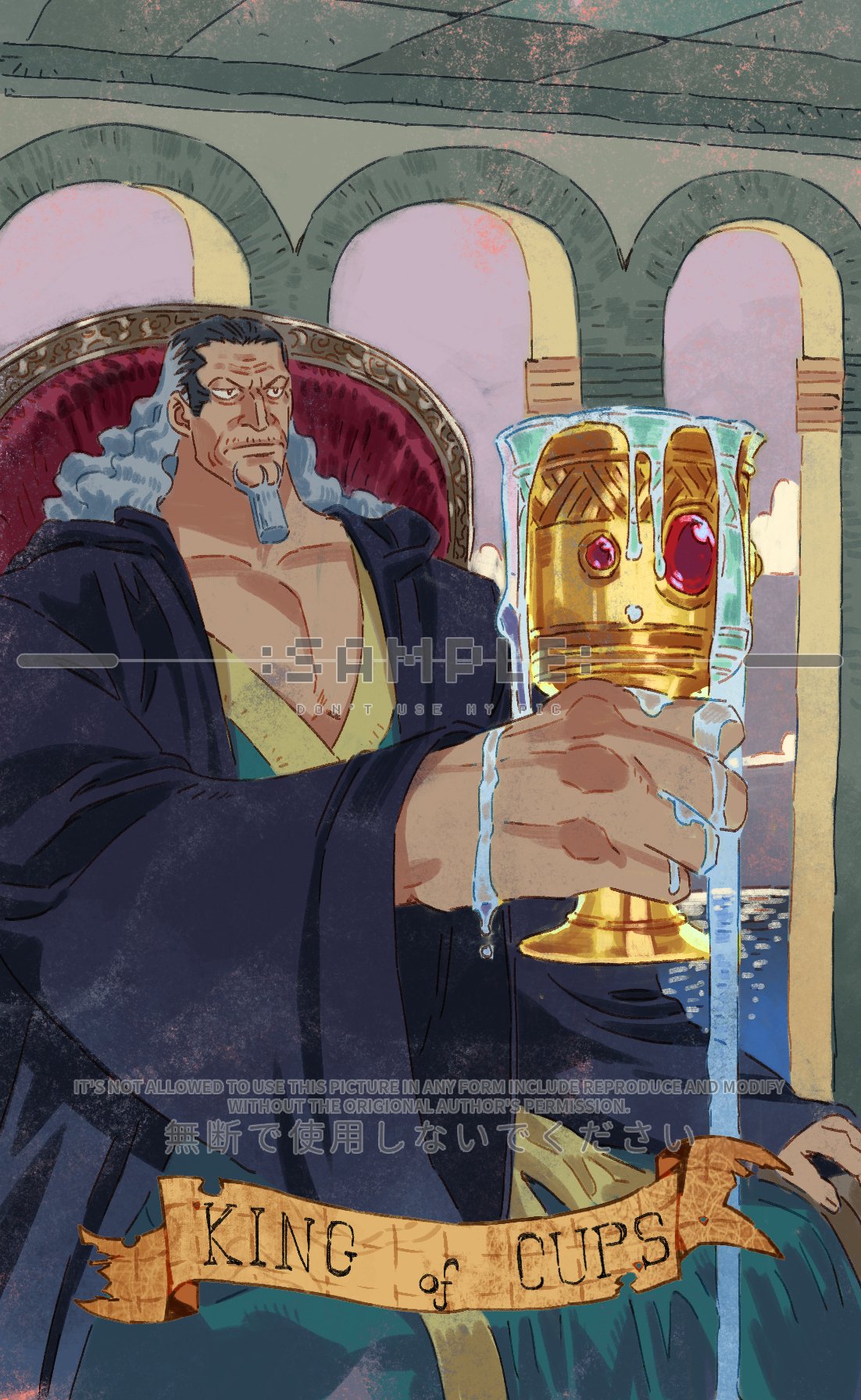 siyangou49, nefertari cobra, one piece, commentary, highres, 1boy, beard, black hair, card (medium), closed mouth, cup, facial hair, grey hair, haori, holding, holding cup, japanese clothes, kimono, long hair, male focus, old, old man, sample watermark, sitting, solo, tarot, tarot (medium), watermark, wide sleeves