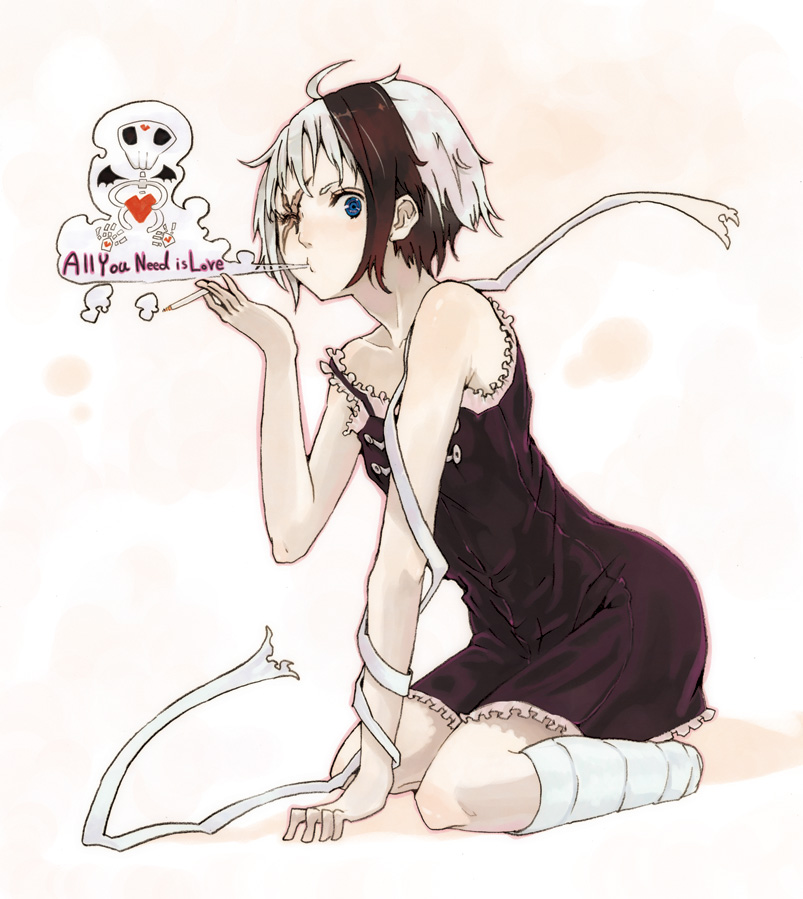 hrd, bikko, original, 1girl, amputee, bandages, black hair, blue eyes, cigarette, dress, female focus, grey hair, kneeling, multicolored hair, one-eyed, scar, short dress, short hair, smoking, solo, two-tone hair