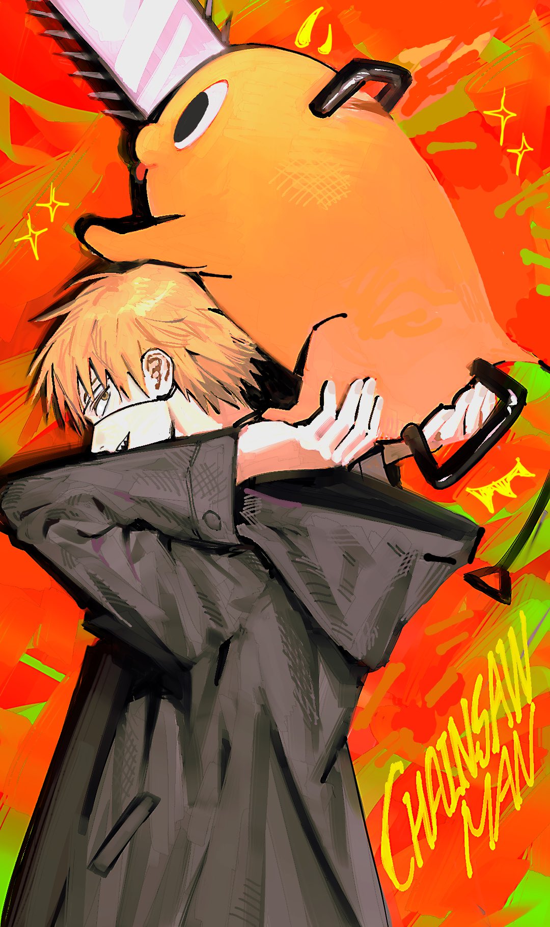 yongsa (y0ngs4), denji (chainsaw man), pochita (chainsaw man), chainsaw man, highres, 1boy, black jacket, blonde hair, chainsaw, creature, creature on back, eyepatch, hood, hood down, hooded jacket, jacket, male focus, open mouth, red background, sharp teeth, short hair, smile, sparkle, teeth, tongue, tongue out, upper body