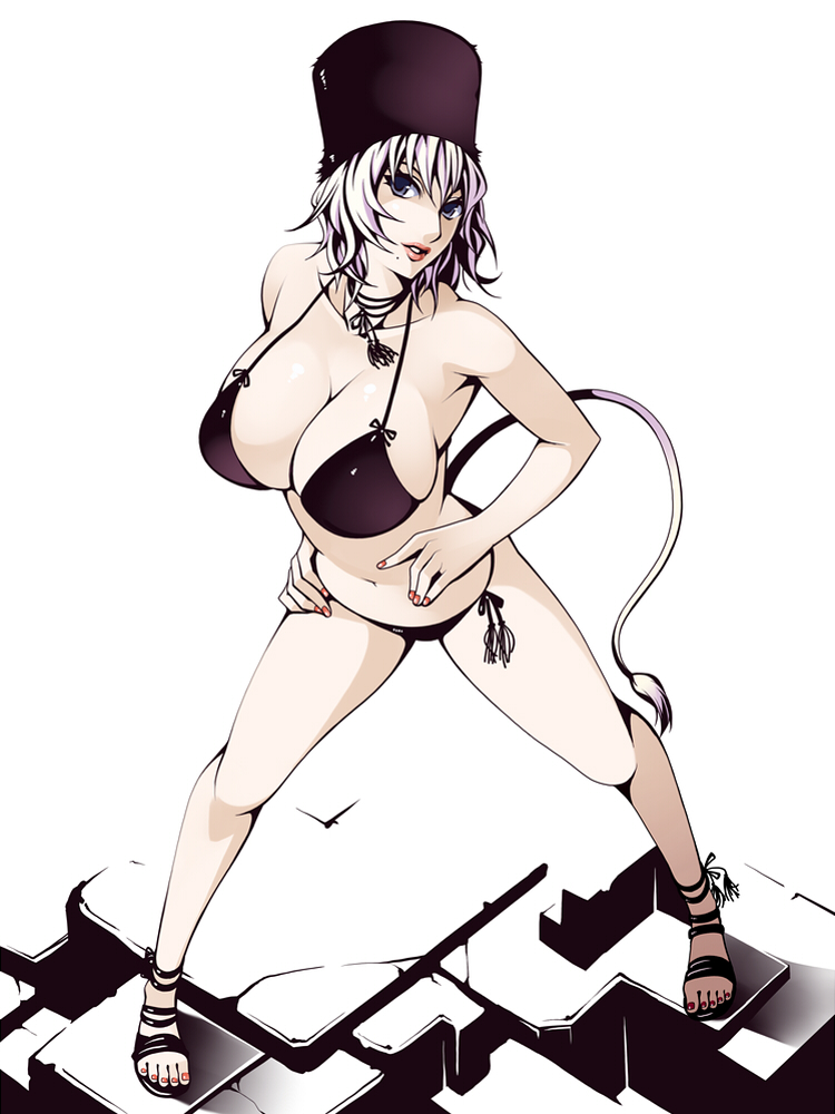torigoe takumi, original, light purple hair, silver hair, 1girl, armpits, bikini, black bikini, blue eyes, breasts, cow tail, female focus, from above, fur hat, hat, huge breasts, large breasts, legs, lips, lipstick, long legs, makeup, mole, mole under mouth, nail polish, pink nails, sandals, short hair, side-tie bikini bottom, solo, spread legs, swimsuit, tail, thighs, toenail polish, toenails