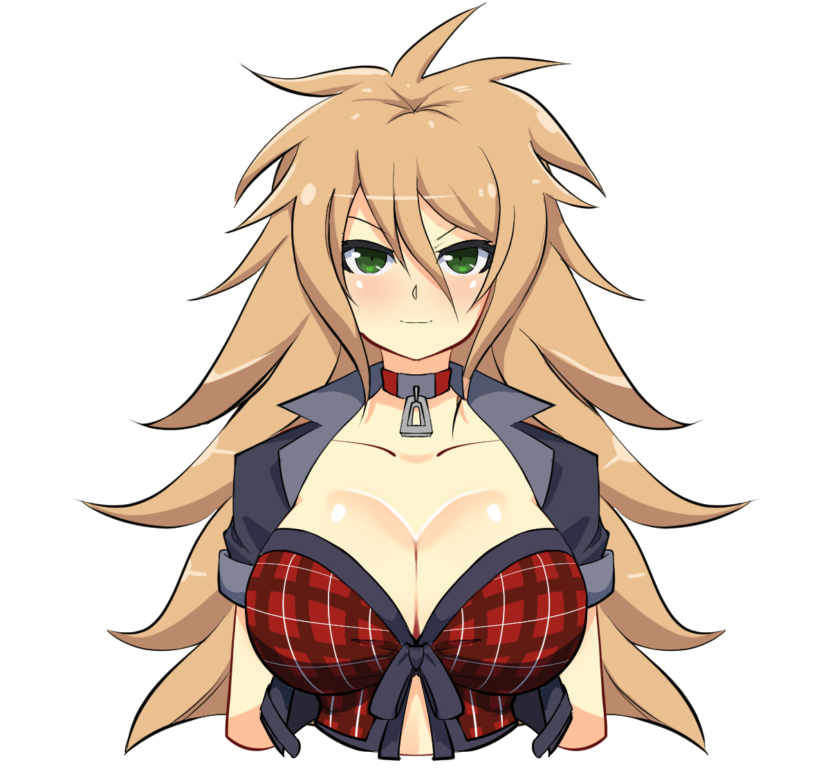 kometoze, karasu (senran kagura), senran kagura, senran kagura new wave, commentary, english commentary, 1girl, black coat, blush, body blush, breasts, brown hair, choker, cleavage, coat, collarbone, cropped coat, green eyes, hair between eyes, large breasts, light smile, linea alba, long hair, looking at viewer, messy hair, open clothes, open coat, pendant choker, plaid clothes, plaid vest, red choker, red vest, shiny skin, simple background, solo, spiked hair, upper body, vest, white background