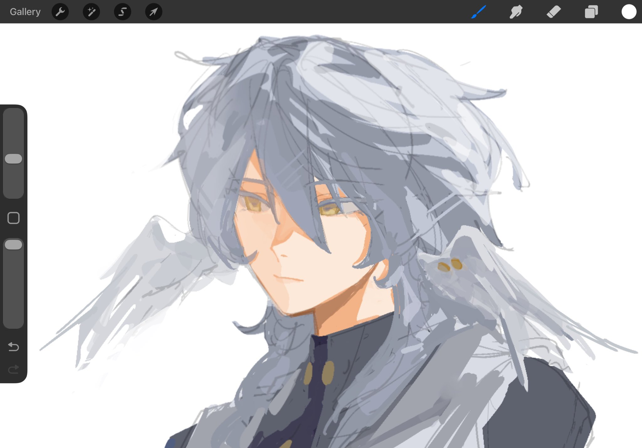 sunday (honkai: star rail), honkai: star rail, honkai (series), hashtag-only commentary, highres, 1boy, angel, angel wings, closed mouth, grey hair, hair between eyes, kamiyamahigh, looking down, low wings, male focus, short hair, simple background, white background, white wings, wings, yellow eyes