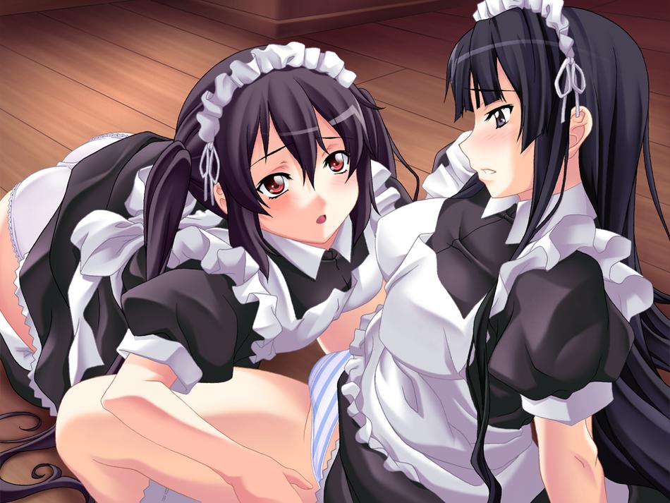 nagayori, akiyama mio, nakano azusa, k-on!, 00s, 2girls, alternate costume, blush, enmaided, maid, multiple girls, panties, striped clothes, striped panties, underwear, white panties, yuri