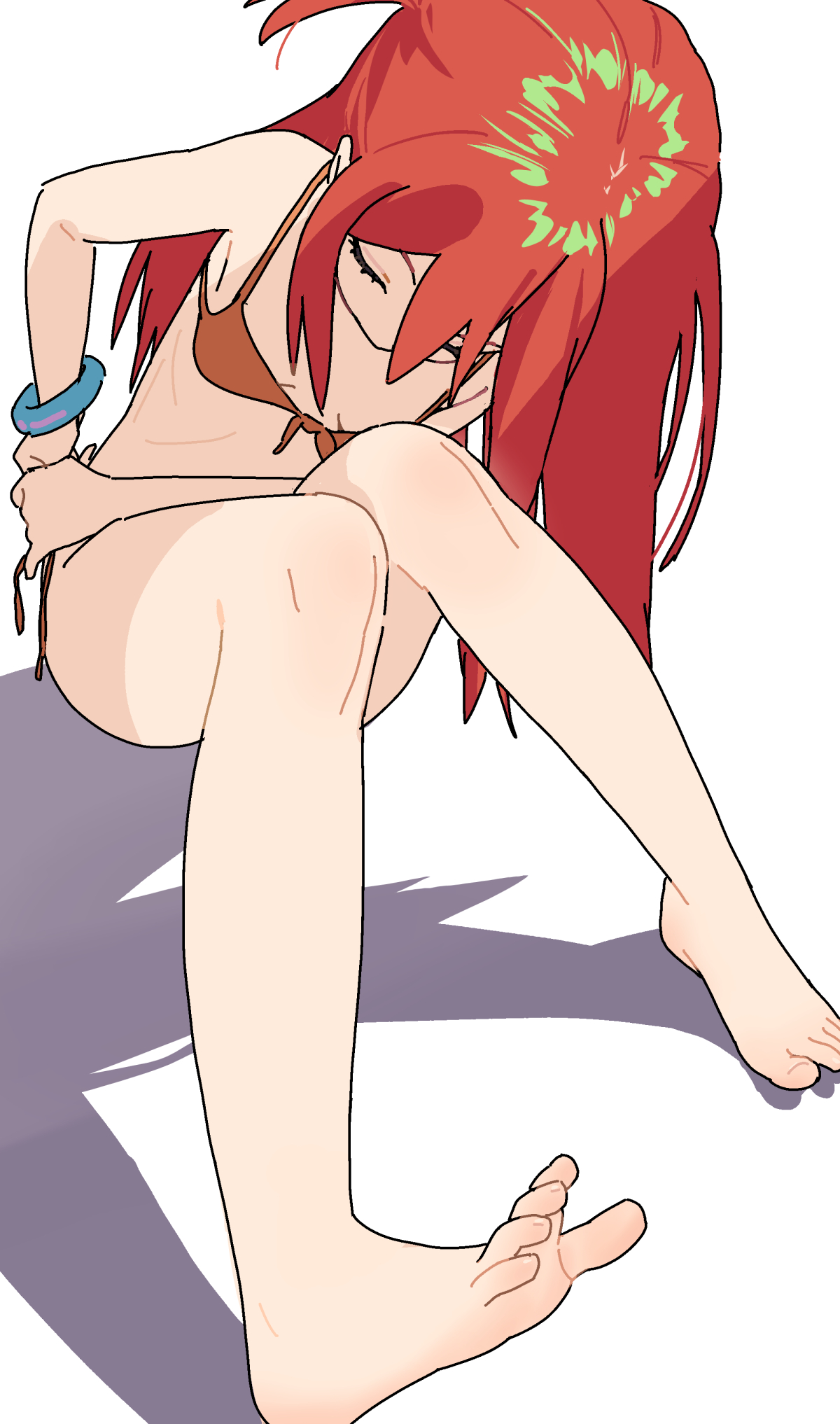 some1else45, hipa (some1else45), original, commentary, english commentary, highres, 1girl, barefoot, bikini, bracelet, breasts, breasts apart, feet, front-tie bikini top, front-tie top, full body, jewelry, knees together feet apart, knees up, legs, long hair, orange bikini, red hair, shadow, side-tie bikini bottom, simple background, sitting, small breasts, solo, spread toes, swimsuit, toenails, toes, very long hair, white background