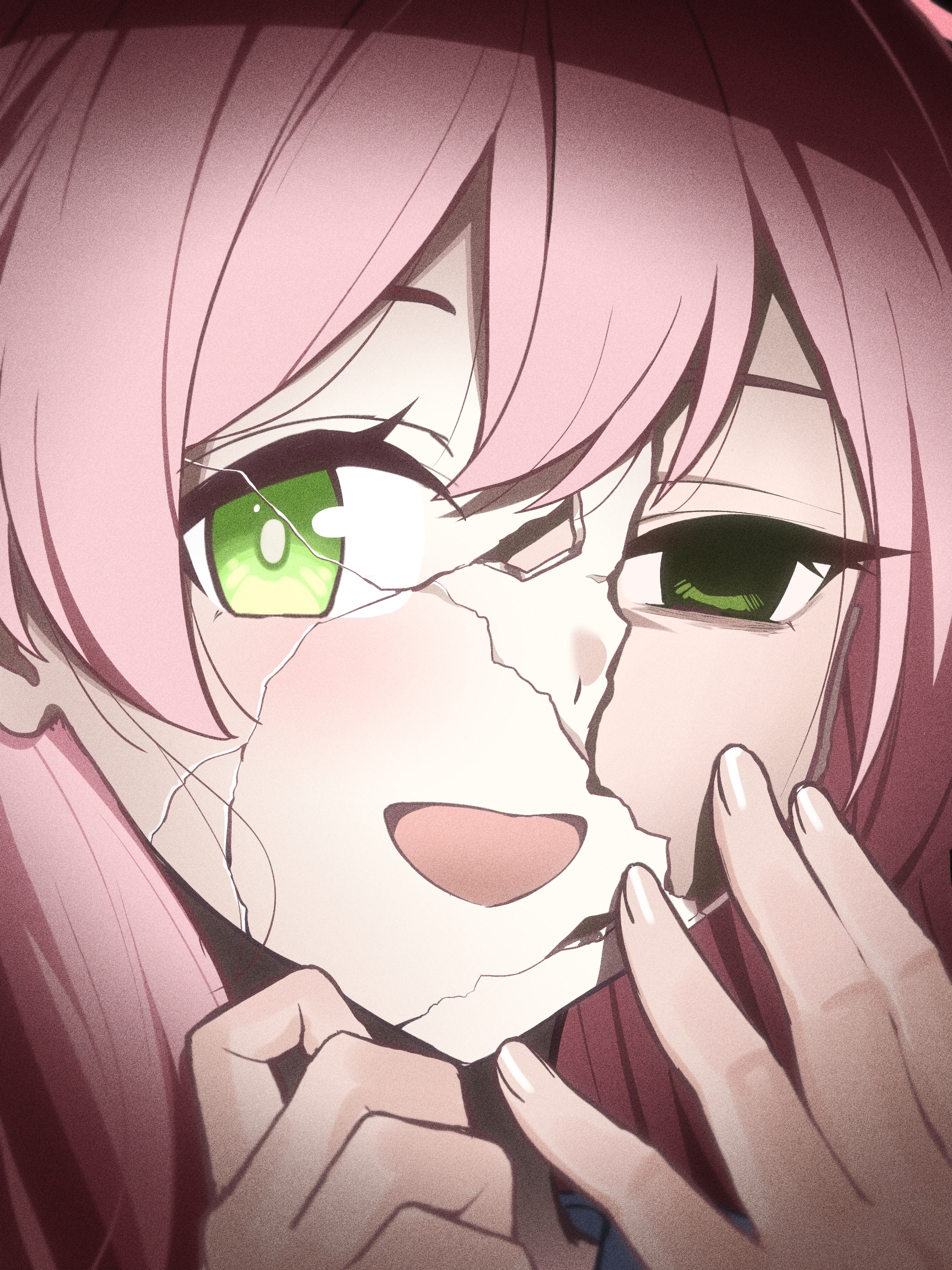 reia 76, hanako (blue archive), blue archive, commentary request, highres, 1girl, bright pupils, crack, cracked kawaii mask, cracked mask, green eyes, hollow eyes, long hair, looking at viewer, pink hair, smile, solo, upper body, white pupils