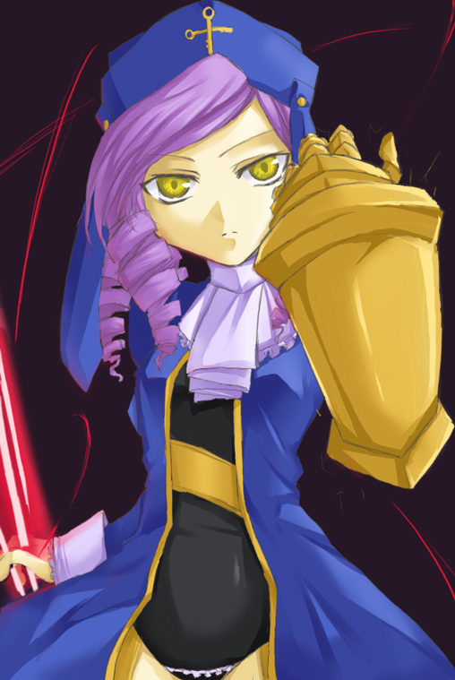 ars, dlanor a. knox, eiserne jungfrau, umineko no naku koro ni, 00s, drill hair, hat, leotard, purple hair, solo, yellow eyes