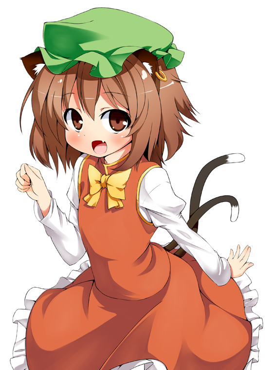 mamedenkyuu, mamedenkyuu (berun), chen, touhou, 1girl, animal ears, brown eyes, brown hair, cat ears, cat girl, cat tail, dress, earrings, female focus, hat, jewelry, long hair, multiple tails, short hair, simple background, solo, tail, white background