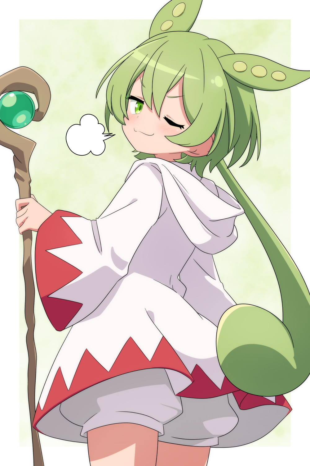lechii, white mage (final fantasy), zundamon, final fantasy, commentary request, highres, 1girl, ;3, blush, cosplay, dress, from behind, green eyes, green hair, holding, holding staff, hooded dress, one eye closed, pea pod, ponytail, puff of air, puffy shorts, shorts, shorts under dress, solo, staff, white dress, white mage (final fantasy) (cosplay)