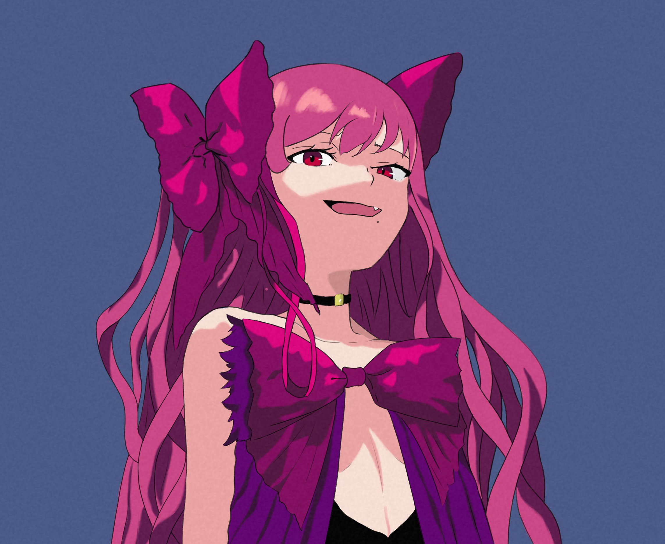 dead apostle noel (tsukihime), noel (tsukihime), tsukihime, tsukihime (remake), commentary, english commentary, highres, 1girl, bare shoulders, black leotard, blue background, blue bow, bow, choker, dress, fang, flat chest, hair bow, leotard, long hair, looking at viewer, loser 5100, mole, mole under mouth, pink dress, pink hair, red eyes, ribbon, smile, upper body, vampire, wavy hair