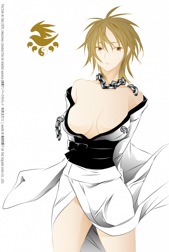 gokurakuin sakurako, akitsu (sekirei), sekirei, derivative work, vector trace, 00s, 1girl, arms behind back, breasts, brown hair, chain, female focus, japanese clothes, kimono, large breasts, logo, no bra, off shoulder, open clothes, open shirt, red eyes, shirt, short hair, solo, spiked hair, standing, thighs, transparent background, yin yang