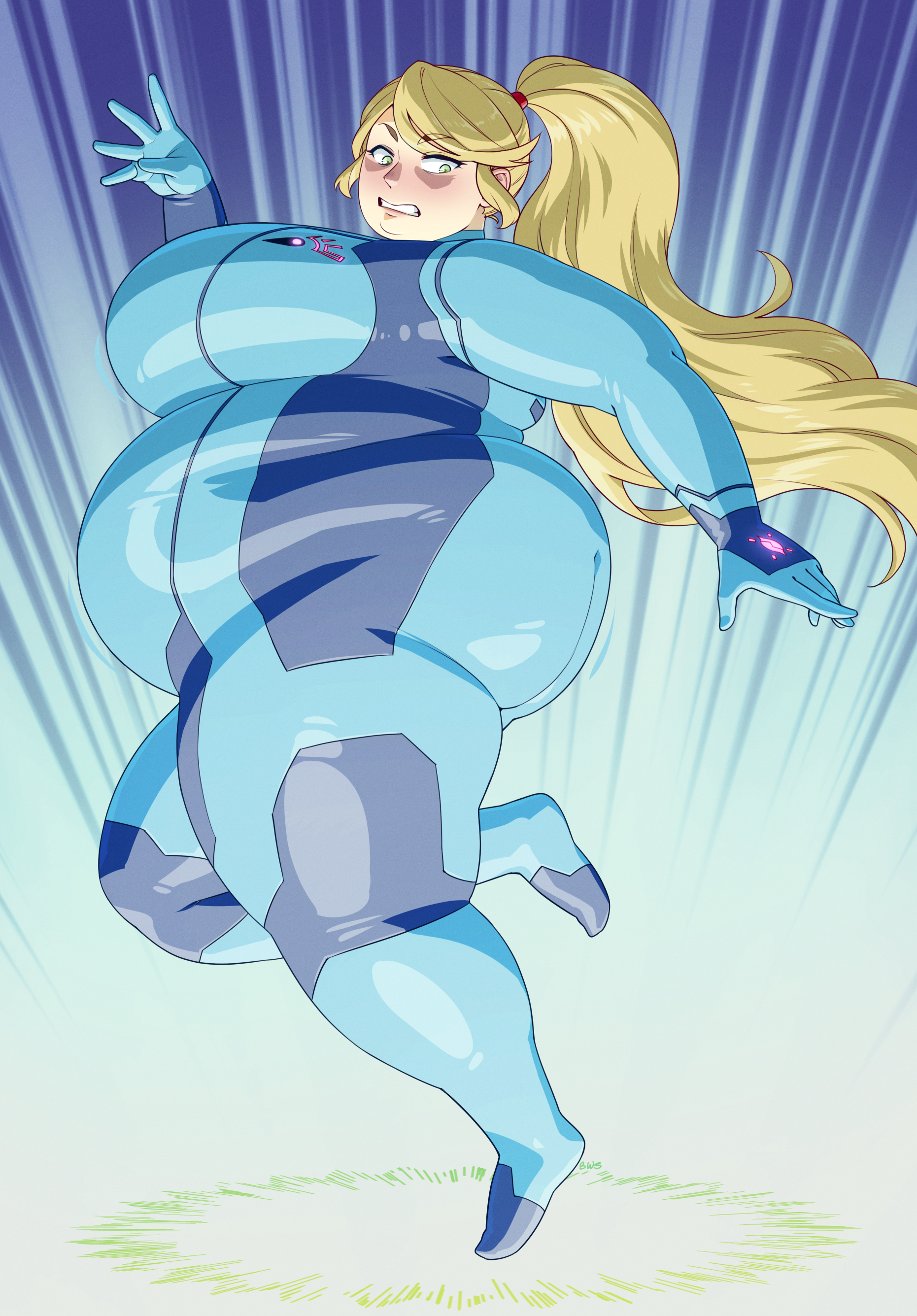 better-with-salt, samus aran, metroid, nintendo, absurdres, highres, 1girl, ass, blonde hair, blush, breasts, fat, female focus, from side, full body, green eyes, huge ass, huge breasts, long hair, looking down, ponytail, skin tight, solo, thick thighs, thighs, zero suit